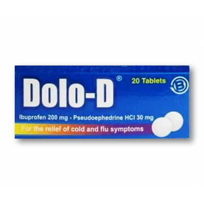DOLO - D RELIEF OF COLD & FLU ( IBUPROFEN 200 MG + PSEUDOEPHEDRINE 30 MG ) 20 TABLETS